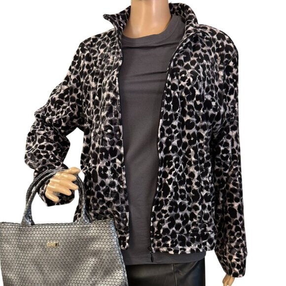 Kim Rogers Petite Sz PXL Black and White Leopard Print Zip-Up Velour Jacket - Picture 9 of 10